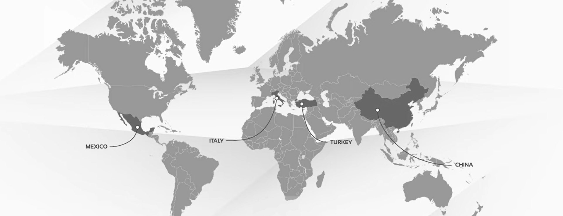 World map: Ellamp plants in Italy, Turkey, Mexico and China